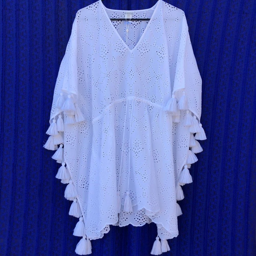 SOLD!! NWT PILYQ White Swim Coverup- Eyelet and Pom Pom Details- XS/S